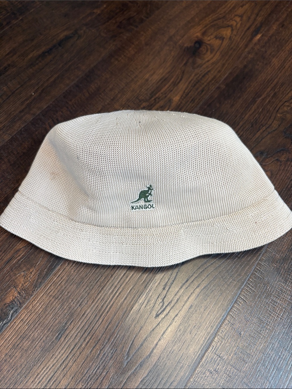 Kangol Y2K Kids XL Cream Bucket tropic bin Hat with Green Logo 22 inches